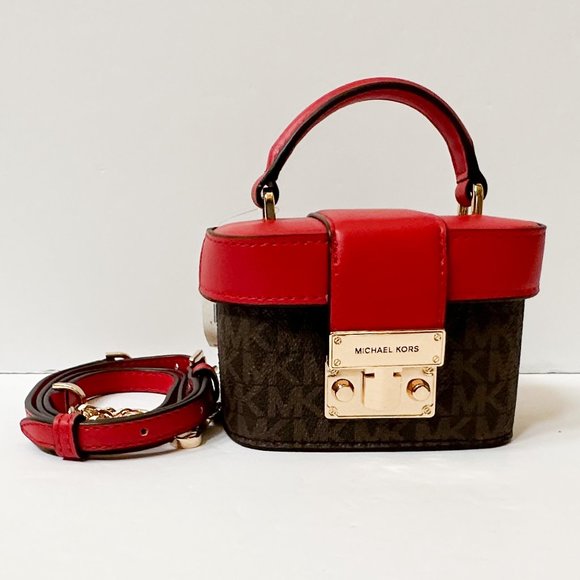 Michael Kors Rose MINI Trunk Crossbody Shoulder Bag MK Brown Red - Picture 1 of 10